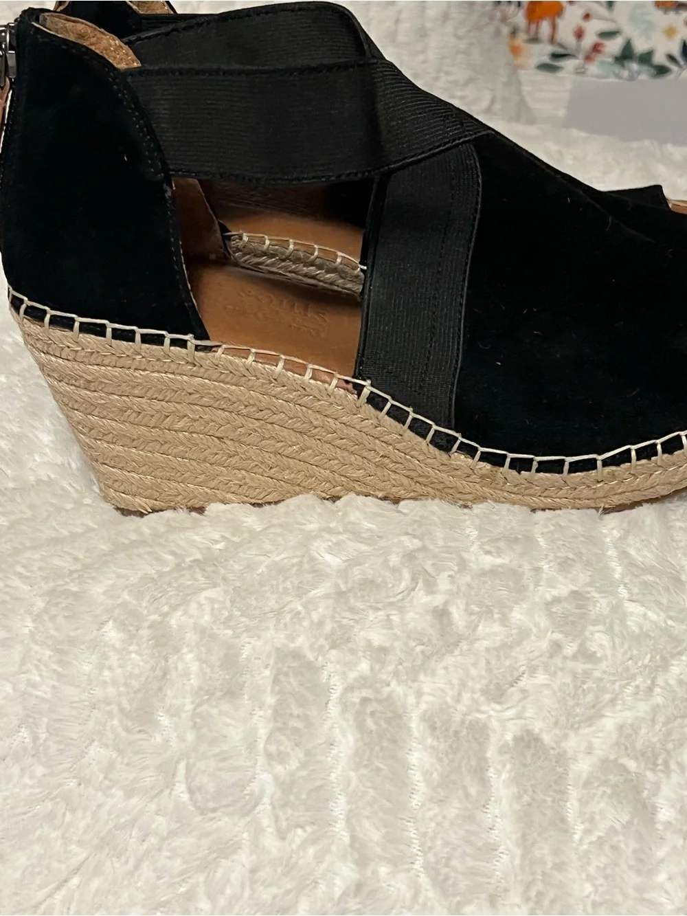 gentle souls Black Suede Espadrille Wedge Sandals with Elastic Cross Straps